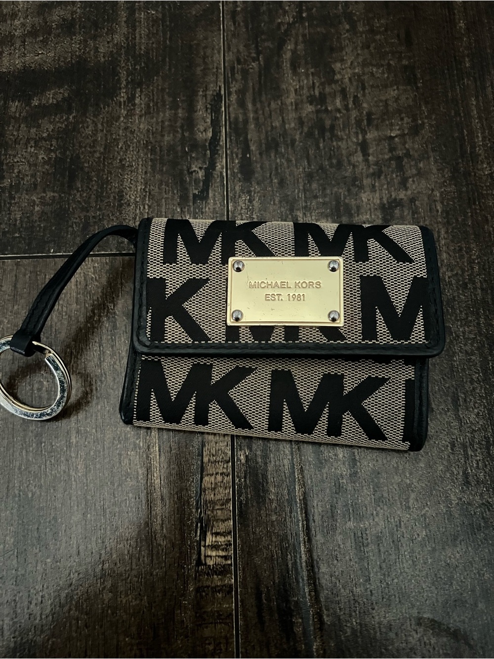Michael Kors Black & Beige MK Logo Wristlet Wallet with Gold Plate